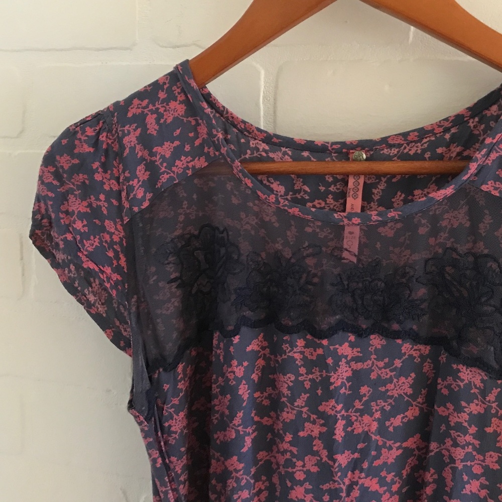 Bonobo Lovely Cottagecore Blue/pink/coral Floral Lace Dress Size S